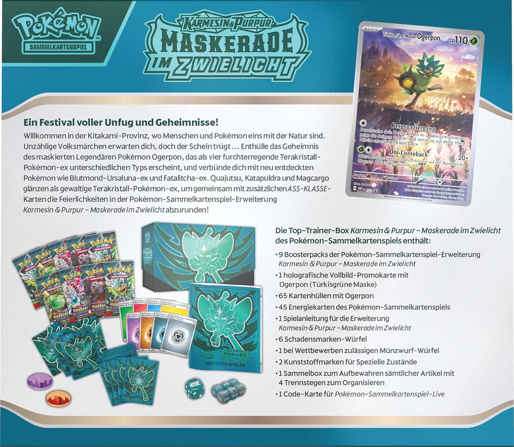 Pokémon-Sammelkartenspiel: Top-Trainer-Box Karmesin & Purpur – Maskerade im Zwielicht